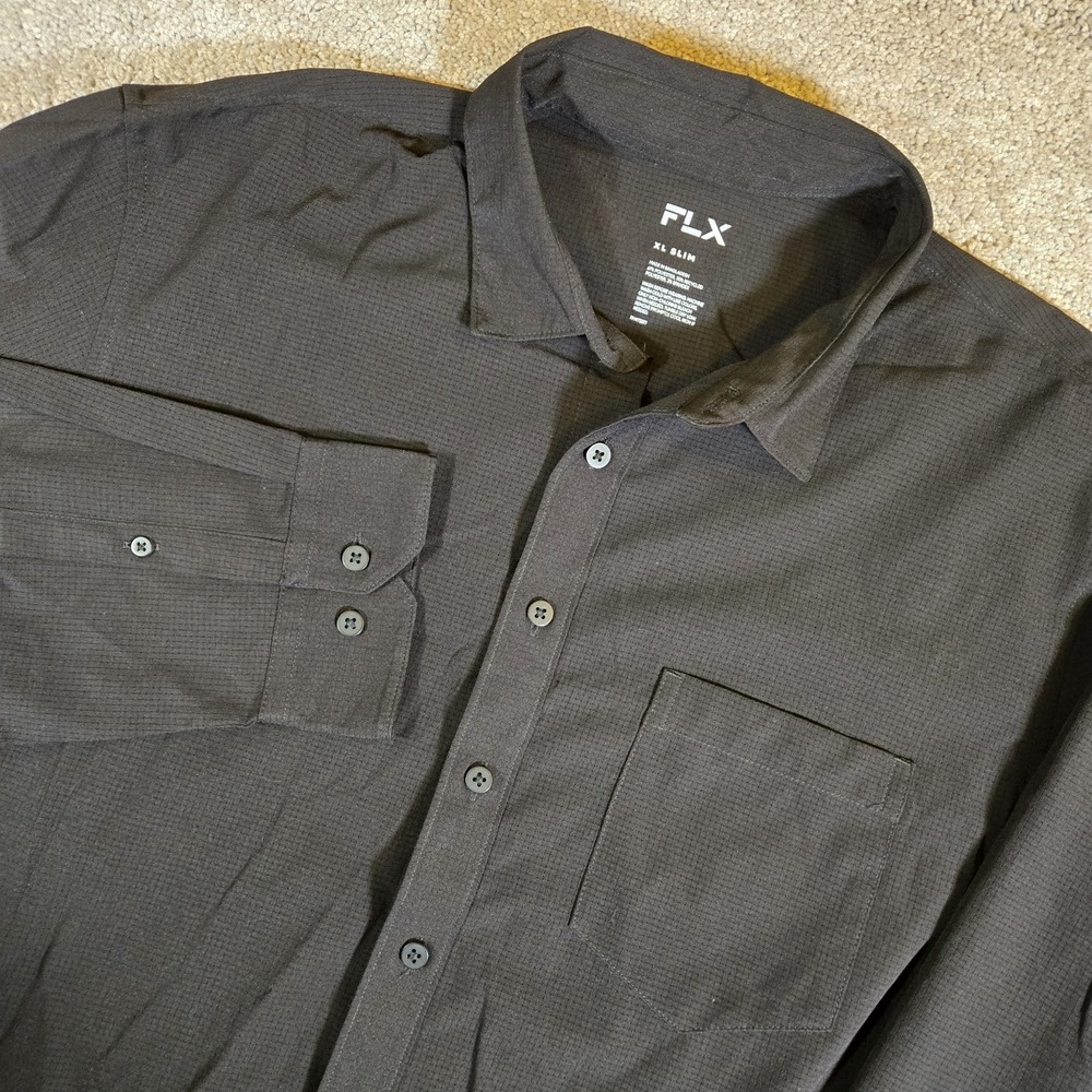 FLX Men's Black Stretch Long Sleeve Button Down Shirt Size XL Slim Breathable